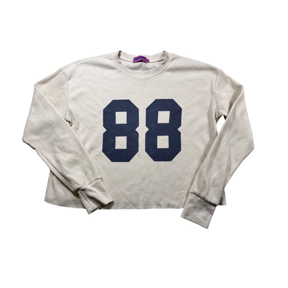 edikted Womens XS Cream Waffle Knit Sweatshirt 88 Varsity Oversized Pullover